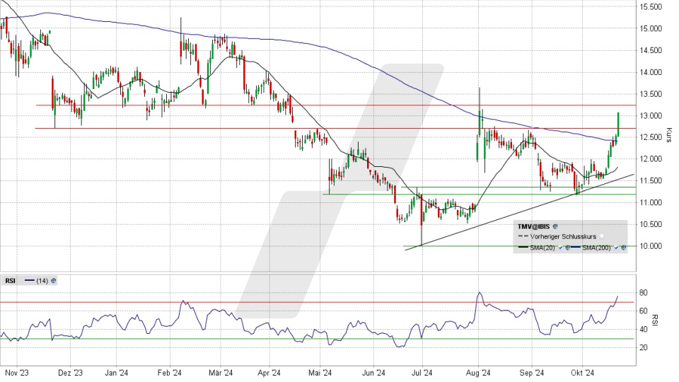 TeamViewer Aktie: Chart vom 21.10.2024, Kurs 13,16 Euro, Kürzel: TMV | Quelle: TWS | Online Broker LYNX