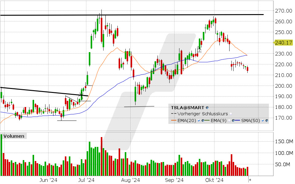 Tesla Aktie: Chart vom 23.10.2024, Kurs: 213.65 USD, Kürzel: TSLA | Quelle: TWS | Online Broker LYNX