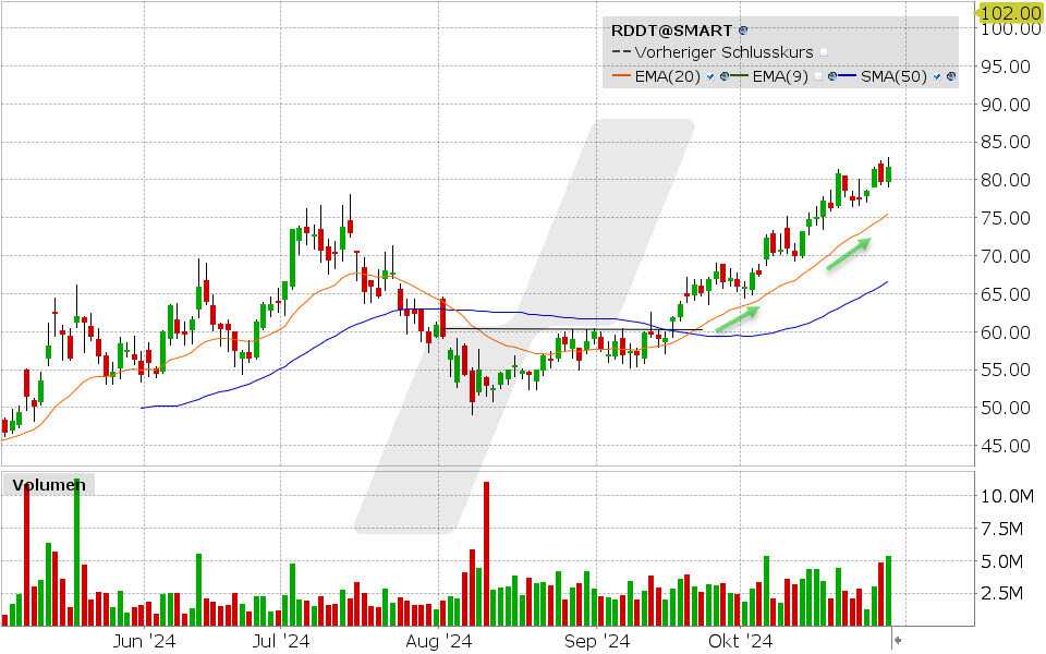 Reddit Aktie: Chart vom 29.10.2024, Kurs: 81.74 USD, Kürzel: RDDT | Quelle: TWS | Online Broker LYNX
