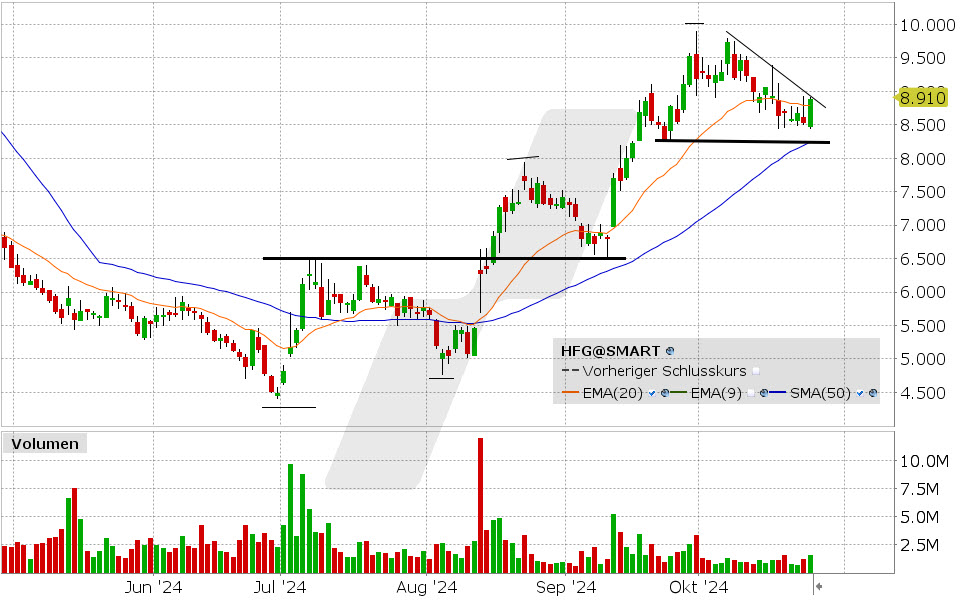 HelloFresh Aktie: Chart vom 24.10.2024, Kurs: 8.91 EUR, Kürzel: HFG | Quelle: TWS | Online Broker LYNX