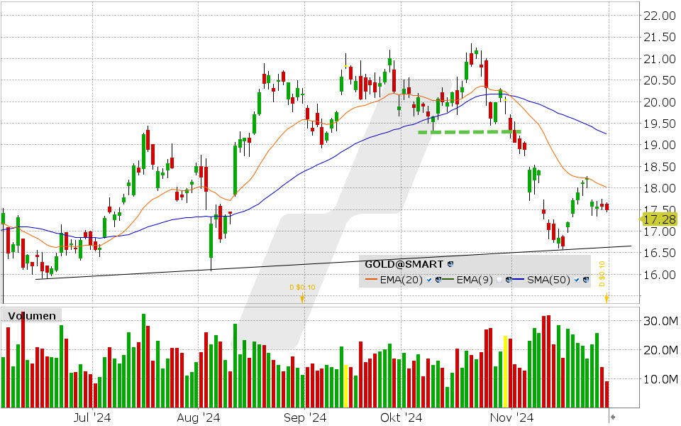 Barrick Gold Aktie: Chart vom 29.11.2024, Kurs: 17.28 USD, Kürzel: GOLD | Quelle: TWS | Online Broker LYNX