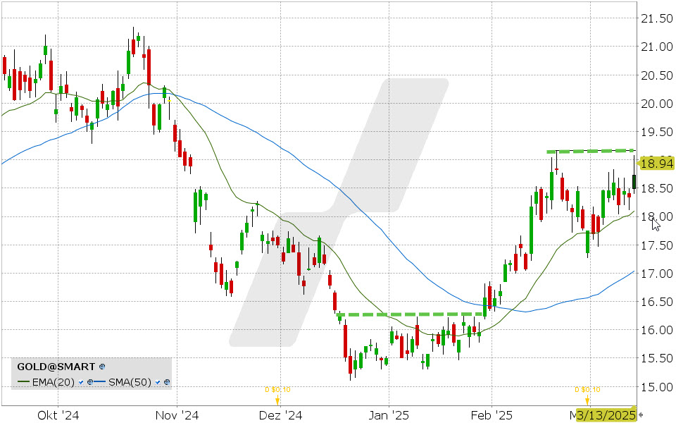 Barrick Gold Aktie: Chart vom 13.03.2025, Kurs: 18.73 USD, Kürzel: GOLD | Quelle: TWS | Online Broker LYNX